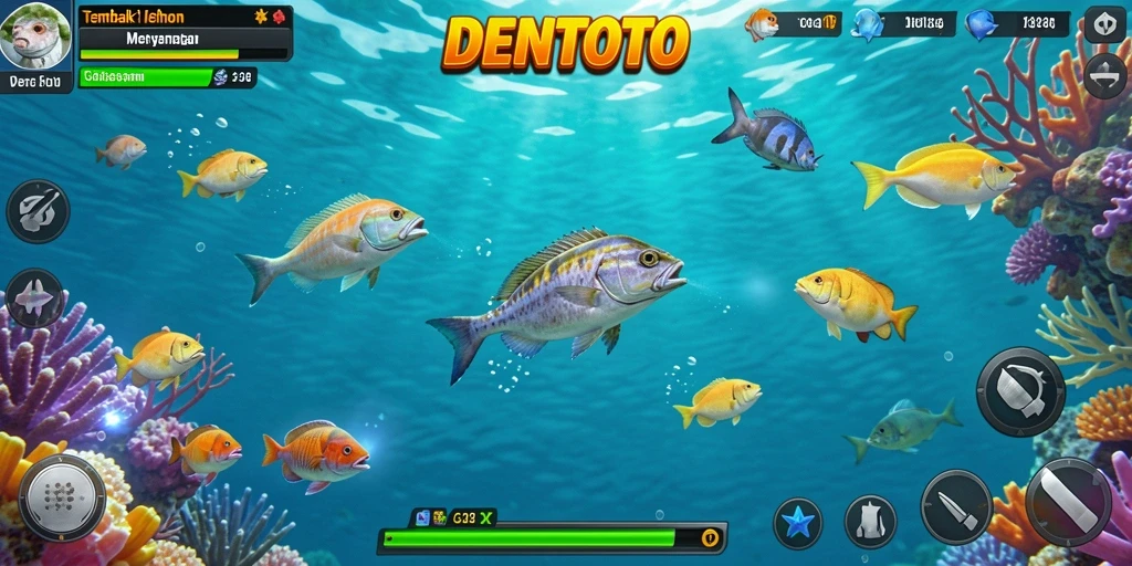 Tangkapan layar dari gameplay Tembak Ikan DENTOTO yang menampilkan aksi seru.