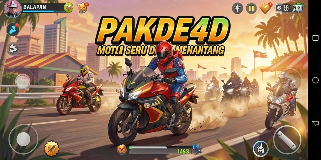 Gameplay seru PAKDE4D saat balapan motor di trek.