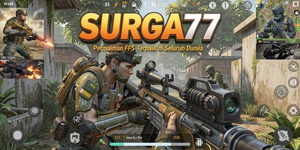 Gameplay menegangkan dalam SURGA77, menunjukkan aksi pertempuran FPS.